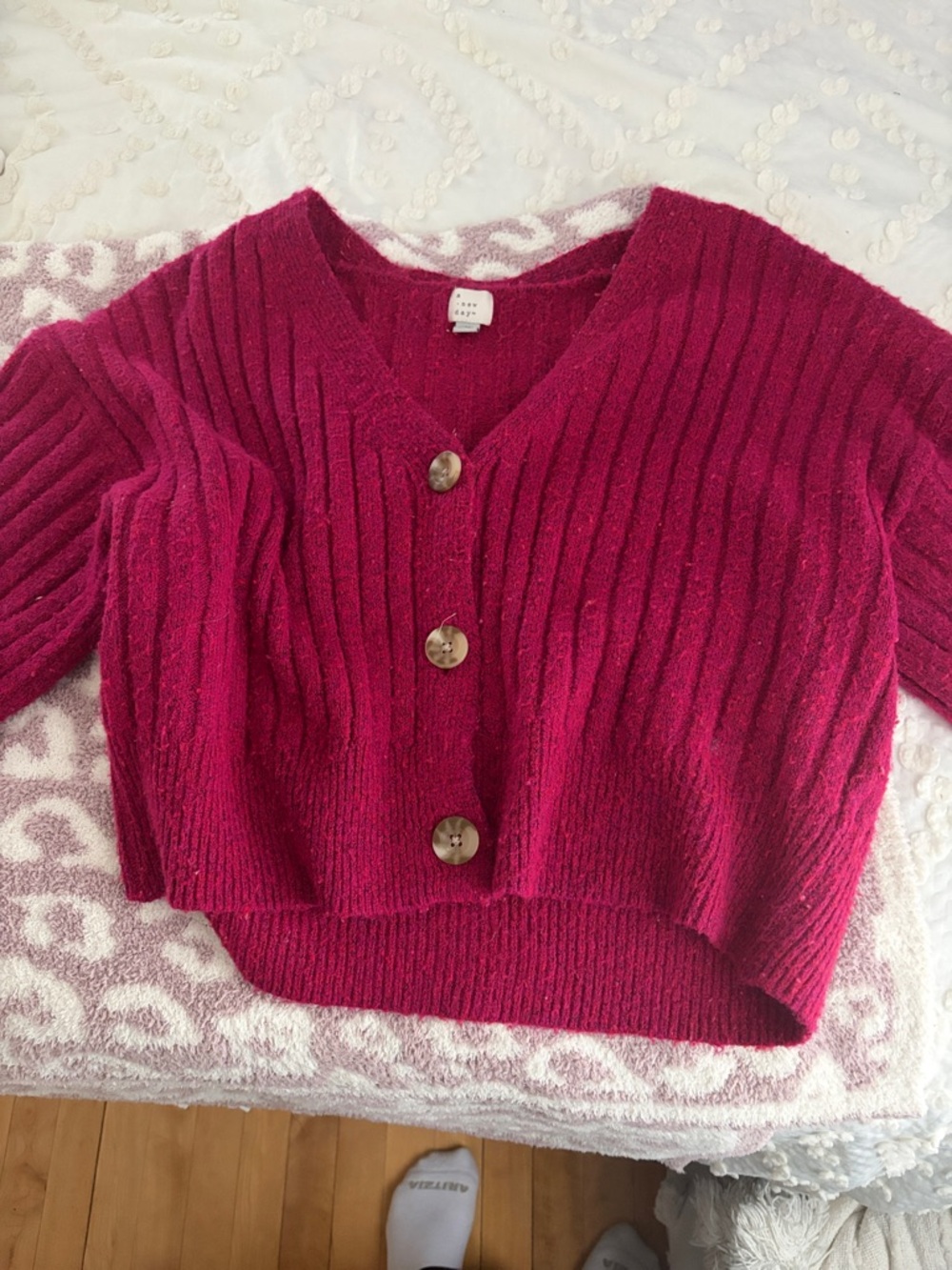 a new day Fuchsia Ribbed V-Neck Button Cardigan